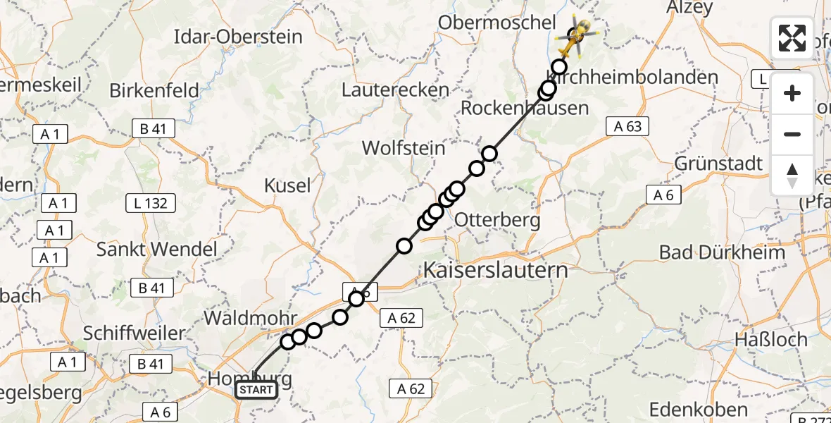 Flugroute Rettungshubschrauber Homburg - Kriegsfeld, 04 Juli 2026, 13:58