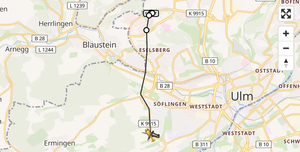 Flugroute Rettungshubschrauber Ulm Military Hospital Emergency - Ulm, 04 Juli 2026, 13:58
