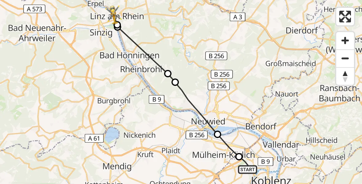 Flugroute Rettungshubschrauber Koblenz - Linz am Rhein, 04 Juli 2026, 14:04