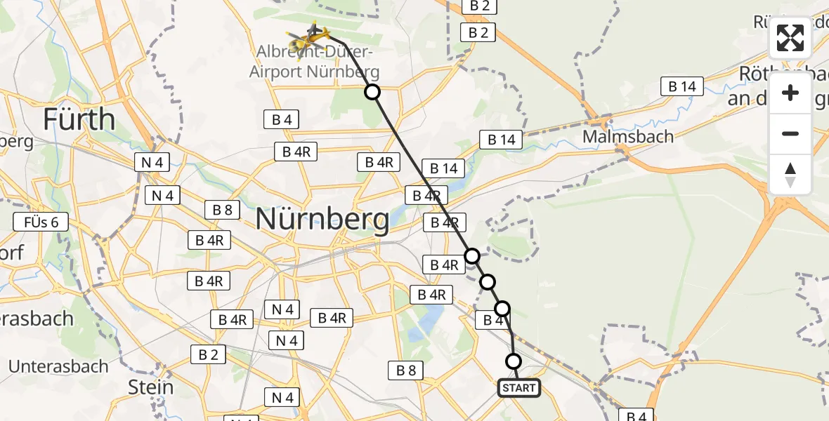 Flugroute Ambulanzhubschrauber Nürnberg South Hospital - Flughafen Nuremberg, 04 Juli 2026, 14:06