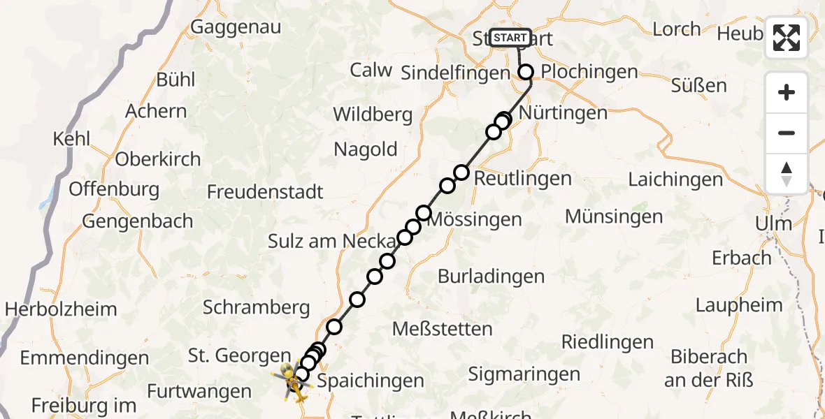 Flugroute Ambulanzhubschrauber Stuttgart - DRF Air Rescue Station Villingen-Schwenningen Hubschrauberlandeplatz (Christoph 11), 04 Juli 2026, 14:06