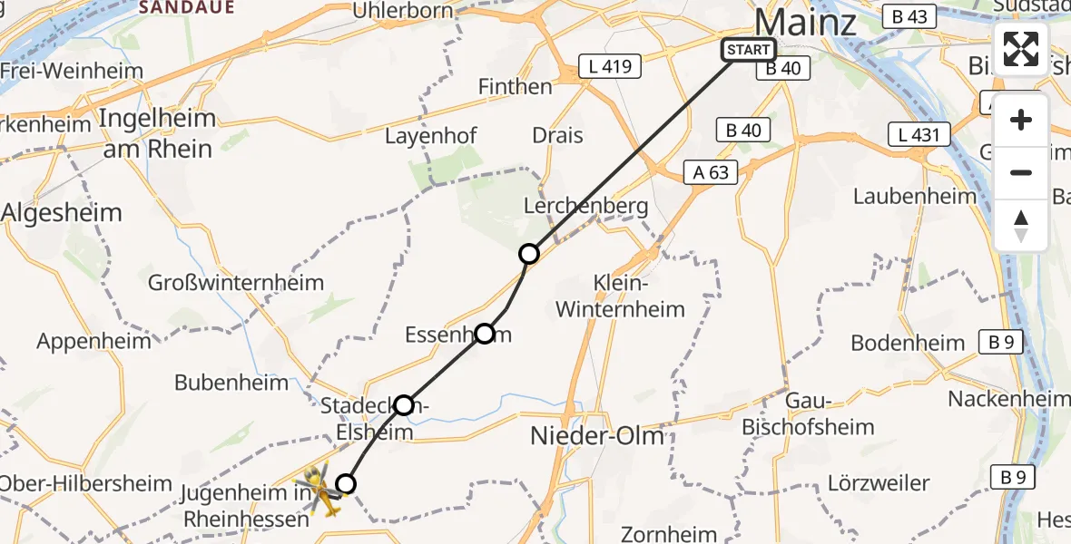 Flugroute Rettungshubschrauber Mainz University Hospital - Jugenheim in Rheinhessen, 04 Juli 2026, 14:13