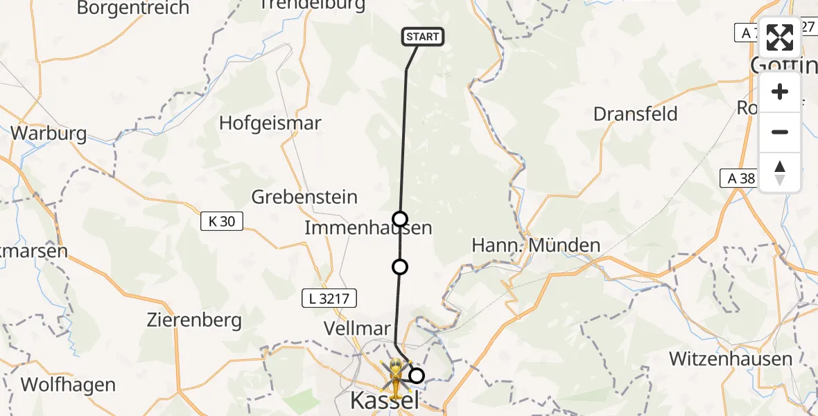 Flugroute Rettungshubschrauber Hofgeismar - Kassel, 04 Juli 2026, 14:13