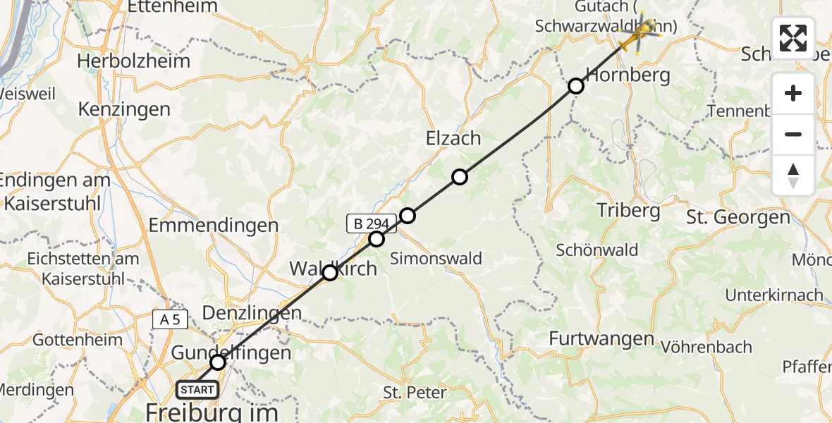 Flugroute Rettungshubschrauber Freiburg im Breisgau Flugplatz - Gutach (Schwarzwaldbahn), 04 Juli 2026, 14:13