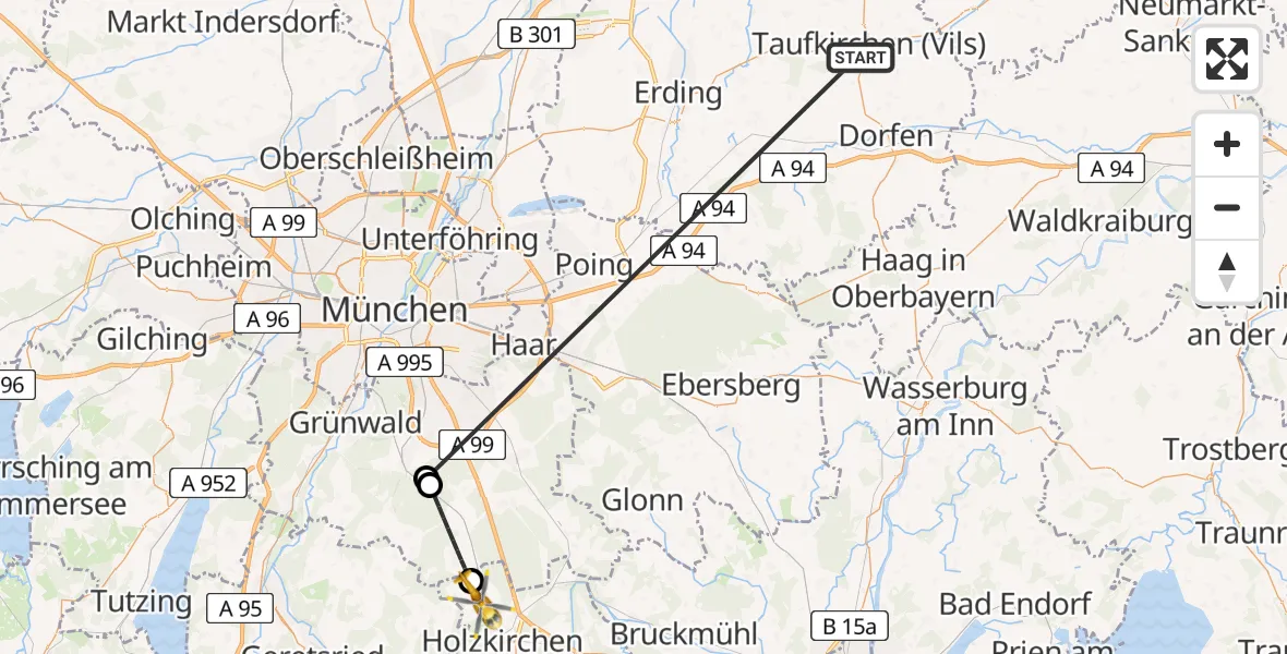 Flugroute Rettungshubschrauber Taufkirchen (Vils) - Otterfing, 04 Juli 2026, 14:14