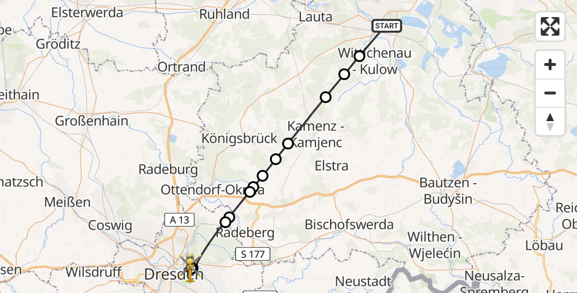 Flugroute Rettungshubschrauber Lausitzer Seenland Hospital - Dresden University Hospital, 04 Juli 2026, 14:14