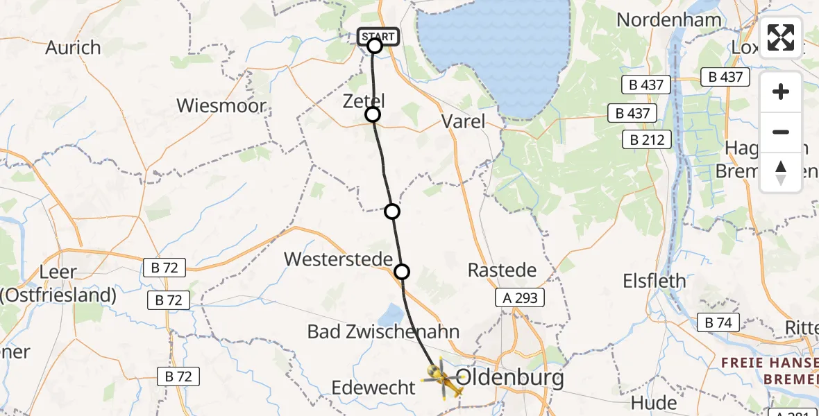 Flugroute Rettungshubschrauber Sande - Bad Zwischenahn, 04 Juli 2026, 14:17