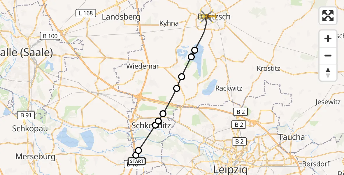 Flugroute Rettungshubschrauber ADAC Air Rescue Station Leipzig/Schkeuditz-Dölzig Hubschrauberlandeplatz (Christoph 61) - Delitzsch, 04 Juli 2026, 14:19
