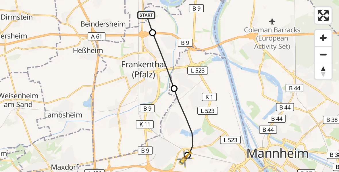 Flugroute Rettungshubschrauber Bobenheim-Roxheim - Ludwigshafen Accident Hospital, 04 Juli 2026, 14:22