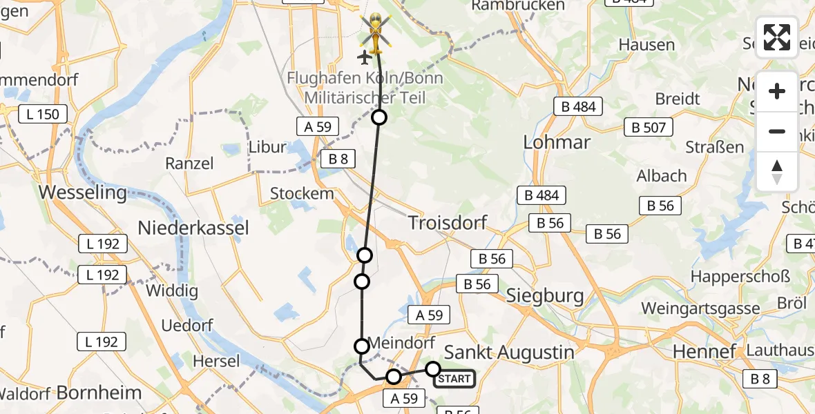 Flugroute Ambulanzhubschrauber Bonn-Hangelar Flugplatz - Köln Bonn Flughafen, 04 Juli 2026, 14:23