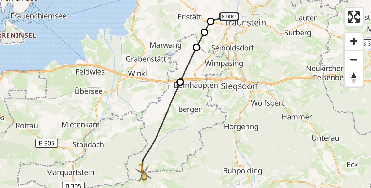 Flugroute Rettungshubschrauber Traunstein Hospital - Bergen, 04 Juli 2026, 14:23