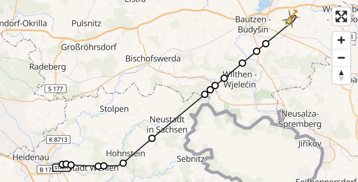 Flugroute Rettungshubschrauber Pirna Hospital - Bautzen Flugplatz, 04 Juli 2026, 14:23