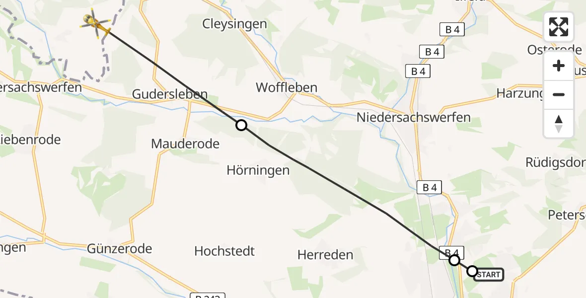 Flugroute Rettungshubschrauber Südharz Hospital Nordhausen - Walkenried, 04 Juli 2026, 14:24