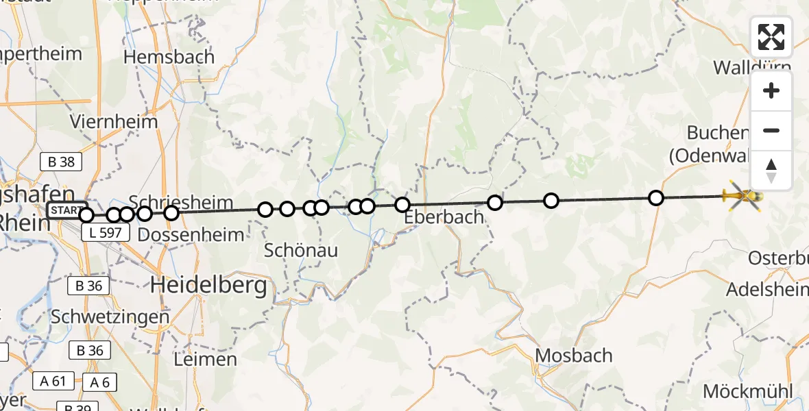 Flugroute Rettungshubschrauber Mannheim-City Flughafen - Buchen (Odenwald), 04 Juli 2026, 14:31