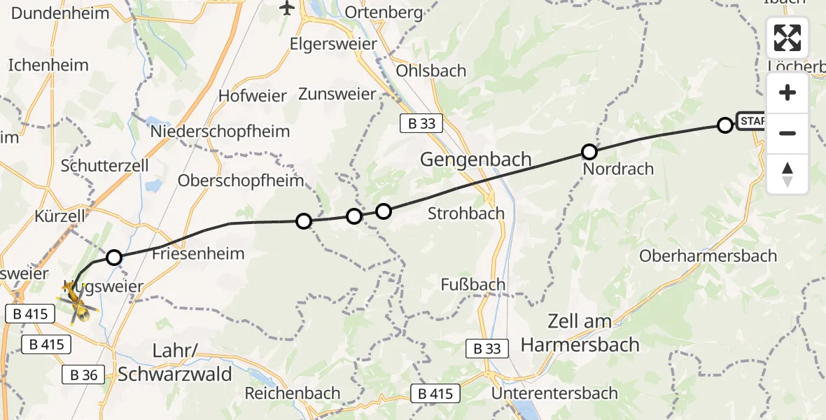 Flugroute Rettungshubschrauber Oberharmersbach - Lahr Flughafen, 04 Juli 2026, 14:32