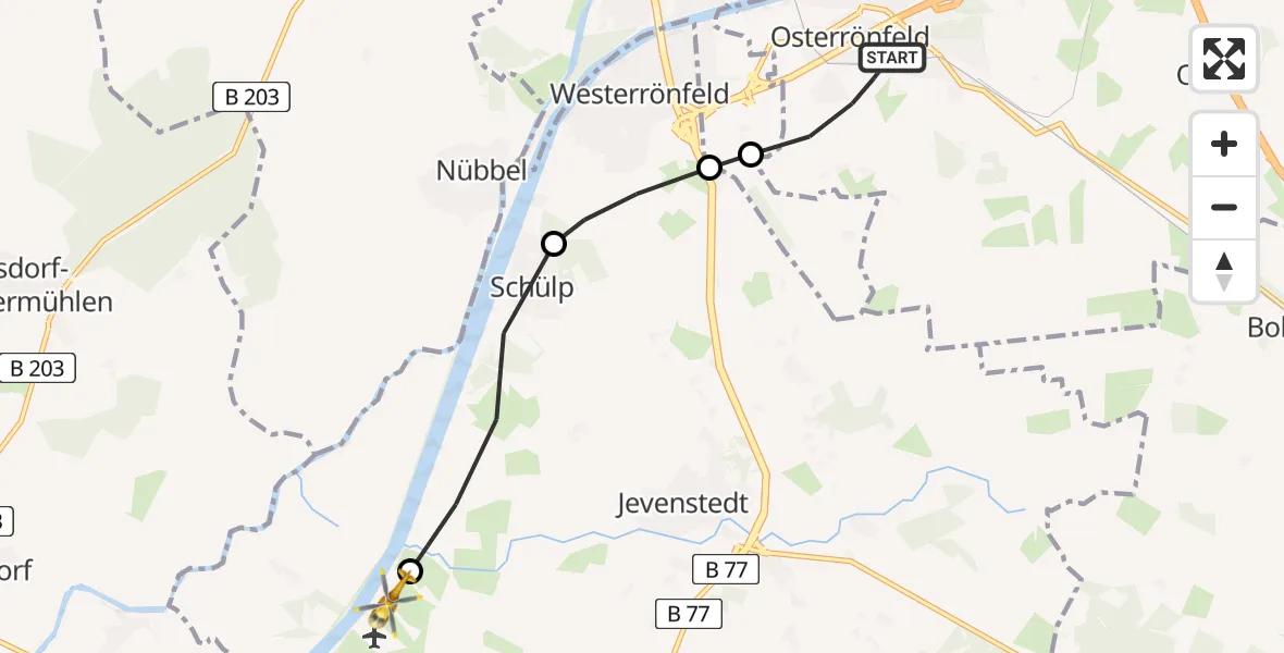 Flugroute Ambulanzhubschrauber Osterrönfeld - Rendsburg-Schachtholm Flugplatz, 04 Juli 2026, 14:35