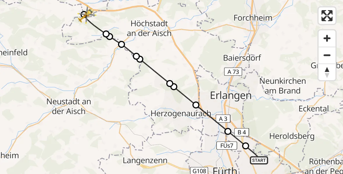Flugroute Ambulanzhubschrauber Flughafen Nuremberg - Burghaslach, 04 Juli 2026, 14:40