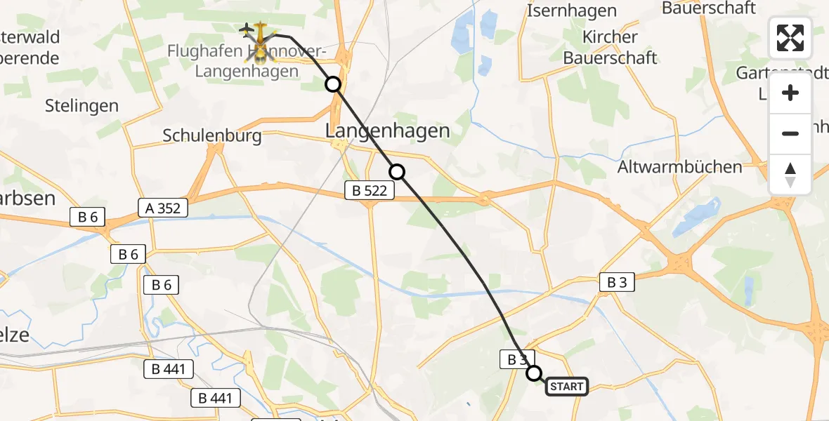 Flugroute Rettungshubschrauber Hannover Luftrettung Hubschrauberlandeplatz (Christoph 4) - Flughafen Hannover, 04 Juli 2026, 14:45