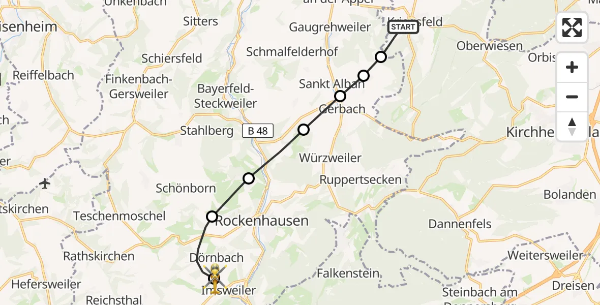 Flugroute Rettungshubschrauber Kriegsfeld - Imsweiler UL, 04 Juli 2026, 14:46