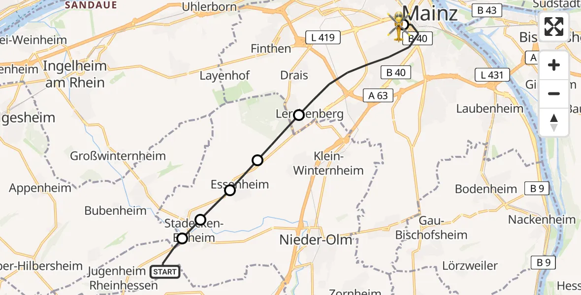 Flugroute Rettungshubschrauber Jugenheim in Rheinhessen - Mainz University Hospital, 04 Juli 2026, 14:50