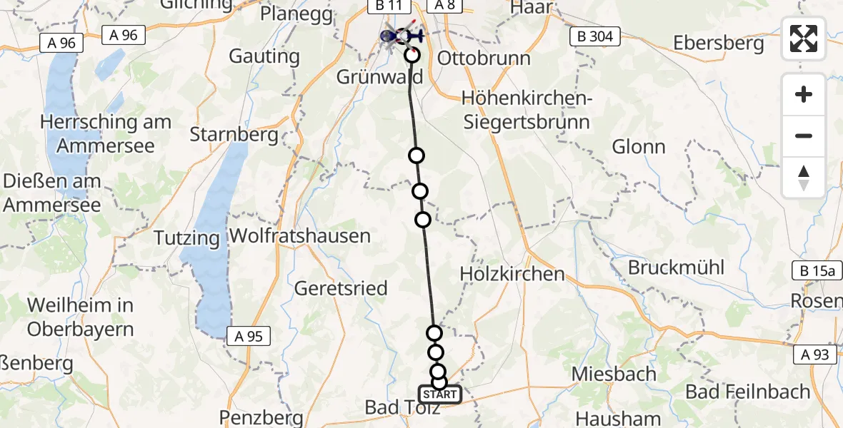 Flugroute Polizeihubschrauber Greiling - ADAC Air Rescue Center Hubschrauberlandeplatz (Christoph 1), 04 Juli 2026, 14:55