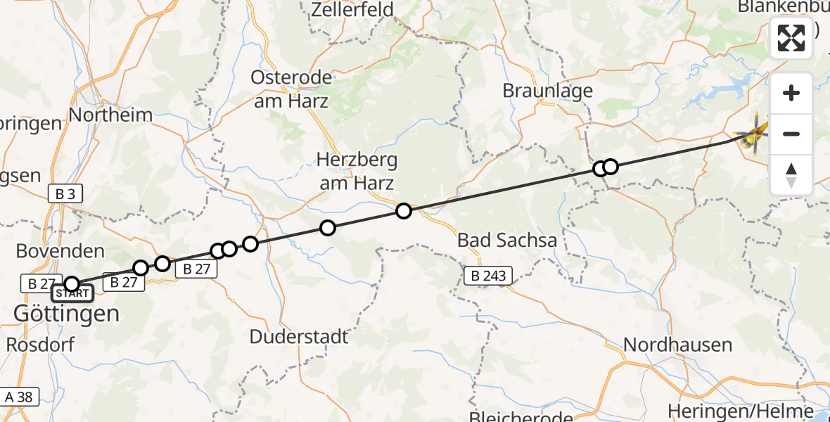 Flugroute Rettungshubschrauber Göttingen University Clinic Hubschrauberlandeplatz - Oberharz am Brocken, 04 Juli 2026, 14:56