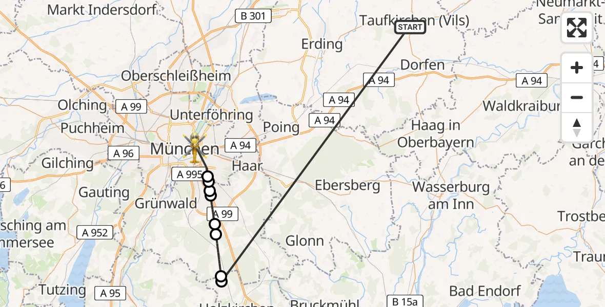 Flugroute Rettungshubschrauber Taufkirchen (Vils) - Rechts der Isar University Hospital, 04 Juli 2026, 14:56