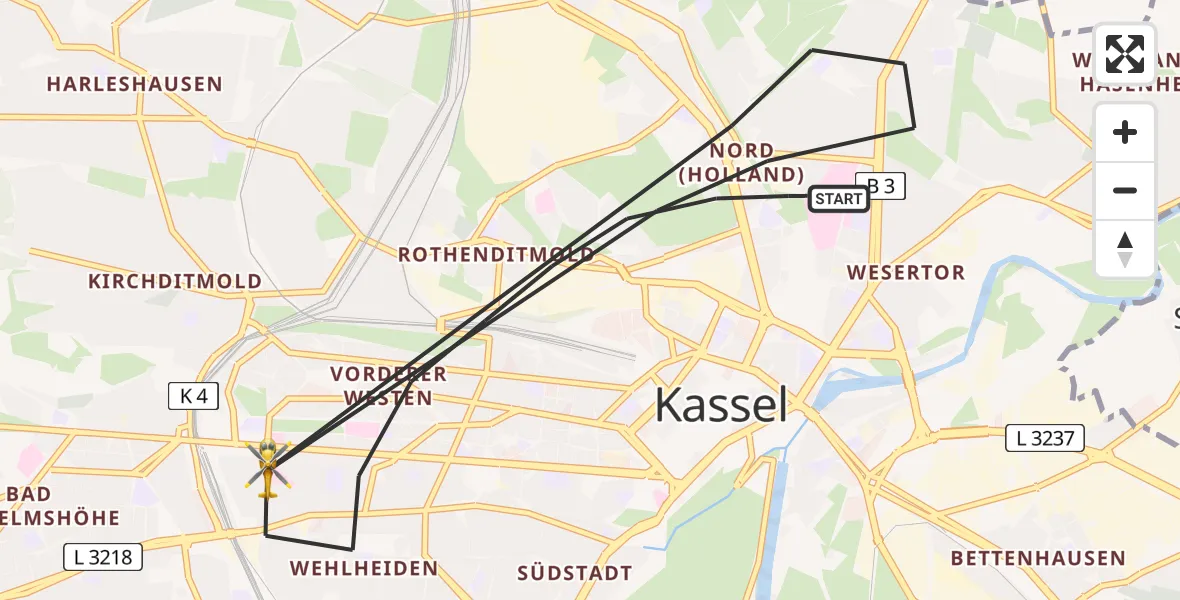 Flugroute Rettungshubschrauber Kassel - Kassel, 04 Juli 2026, 14:58