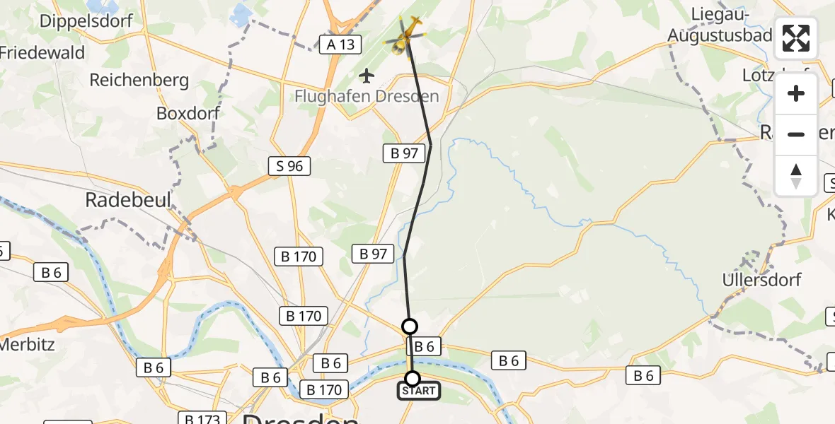 Flugroute Rettungshubschrauber Dresden University Hospital - Dresden Bundespolizei Hubschrauberlandeplatz, 04 Juli 2026, 15:01