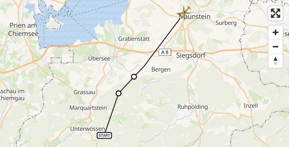 Flugroute Rettungshubschrauber Unterwössen - Traunstein Hospital, 04 Juli 2026, 15:04