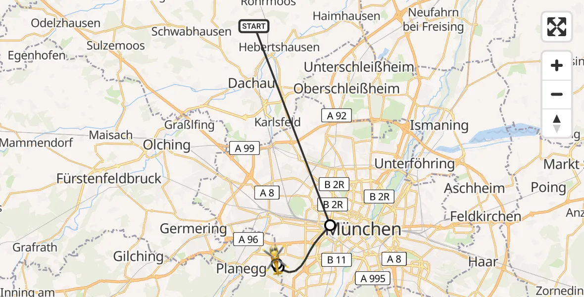 Flugroute Rettungshubschrauber Röhrmoos - DRF Air Rescue München Hubschrauberlandeplatz, 04 Juli 2026, 15:11