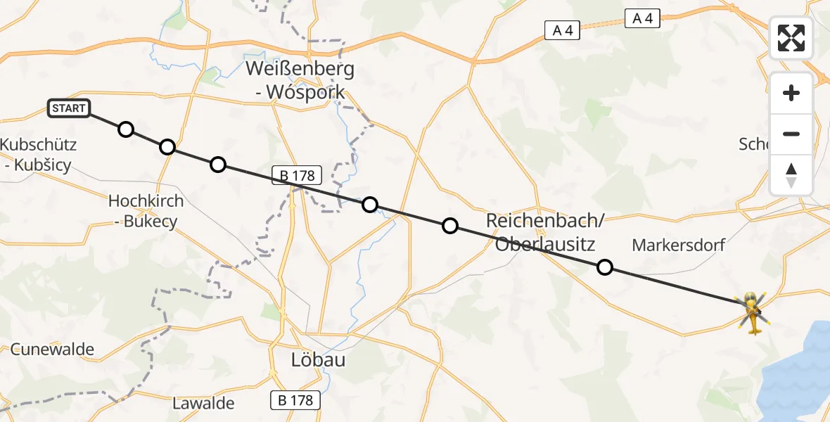Flugroute Rettungshubschrauber Kubschütz - Markersdorf, 04 Juli 2026, 15:10
