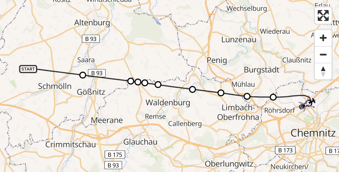 Flugroute Polizeihubschrauber Schmölln - Chemnitz-Glösa Industrial Park Hubschrauberlandeplatz, 04 Juli 2026, 15:13