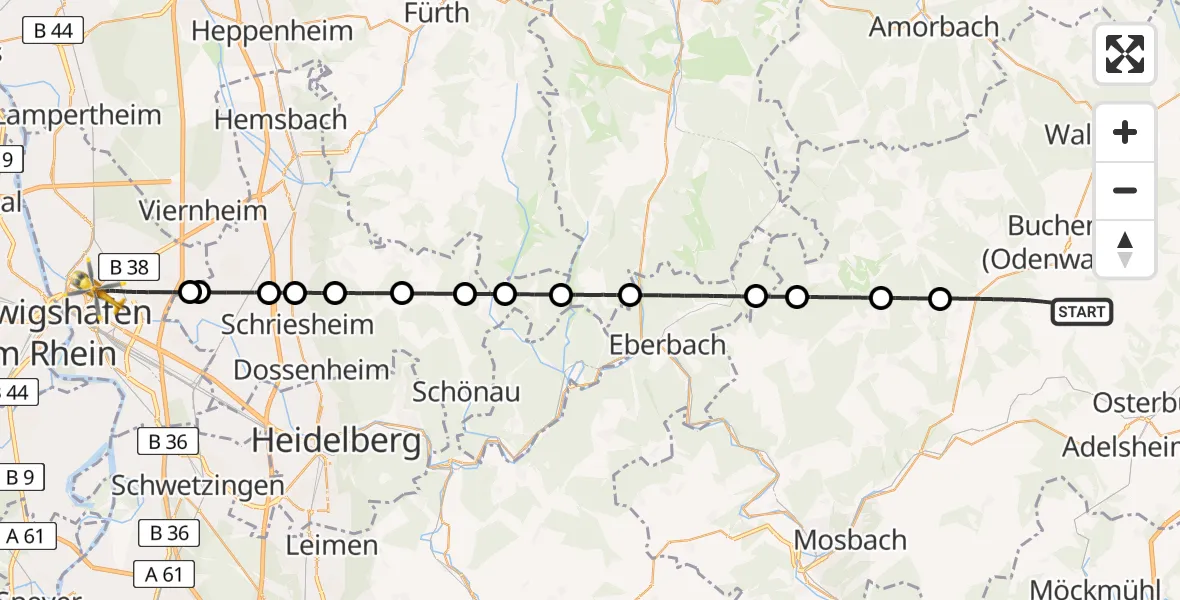 Flugroute Rettungshubschrauber Buchen (Odenwald) - Mannheim, 04 Juli 2026, 15:14