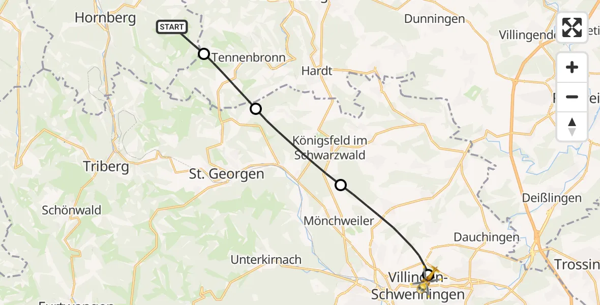 Flugroute Rettungshubschrauber Hornberg - DRF Air Rescue Station Villingen-Schwenningen Hubschrauberlandeplatz (Christoph 11), 04 Juli 2026, 15:15