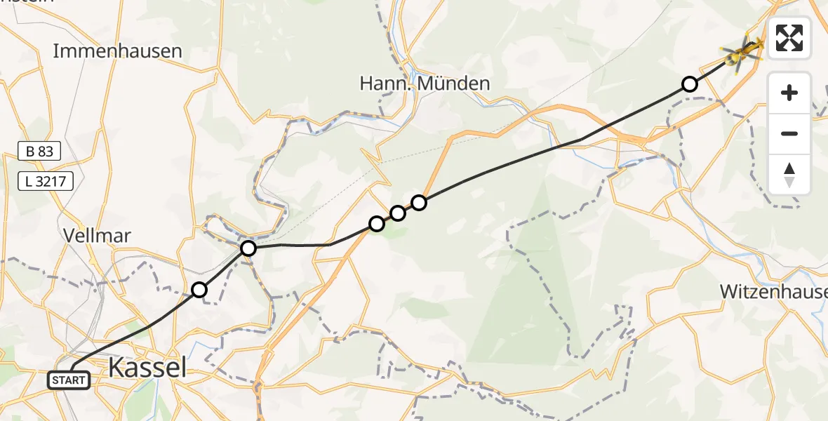 Flugroute Rettungshubschrauber Kassel - Rosdorf, 04 Juli 2026, 15:15