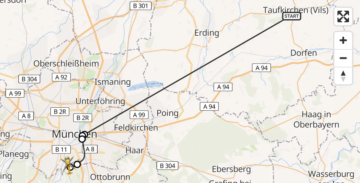 Flugroute Rettungshubschrauber Taufkirchen (Vils) - ADAC Air Rescue Center Hubschrauberlandeplatz (Christoph 1), 04 Juli 2026, 15:22
