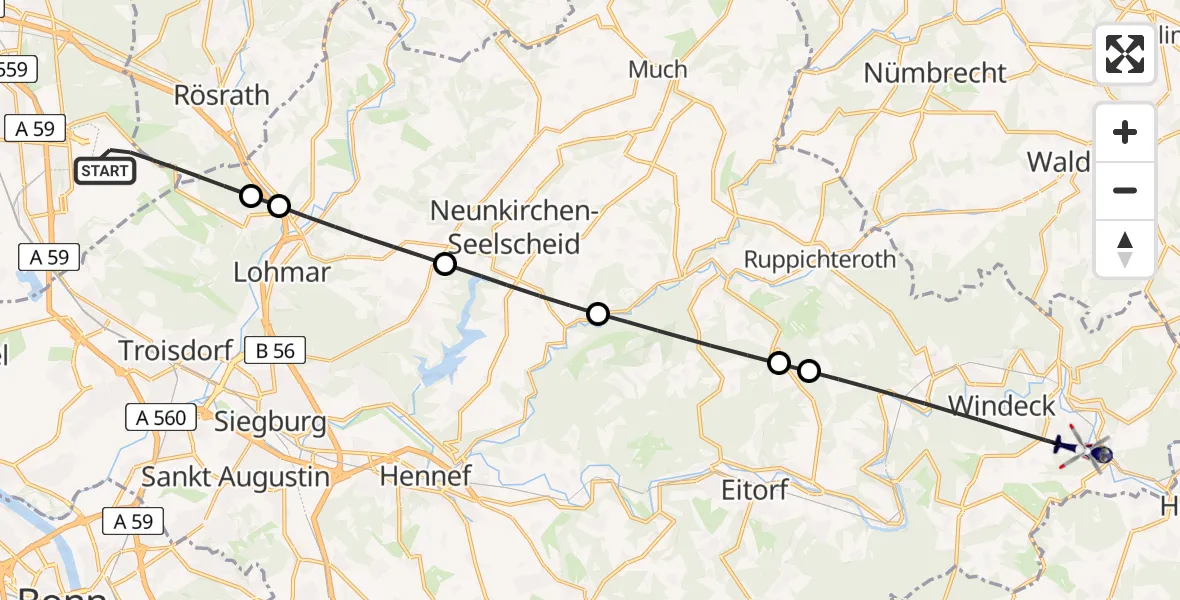Flugroute Polizeihubschrauber Köln Bonn Flughafen - Windeck, 04 Juli 2026, 15:22