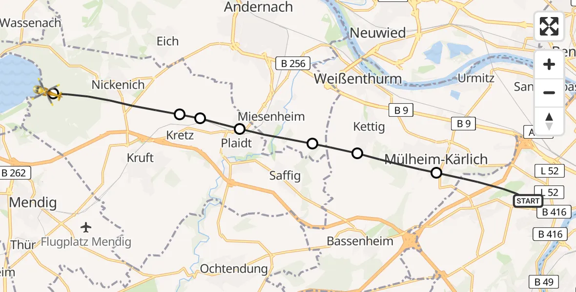 Flugroute Rettungshubschrauber Koblenz - Kruft, 04 Juli 2026, 15:25