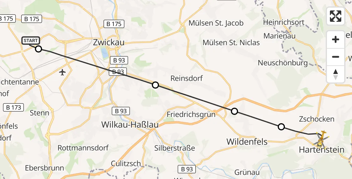 Flugroute Rettungshubschrauber ADAC Air Rescue Station Zwickau Hubschrauberlandeplatz - Hartenstein, 04 Juli 2026, 15:26