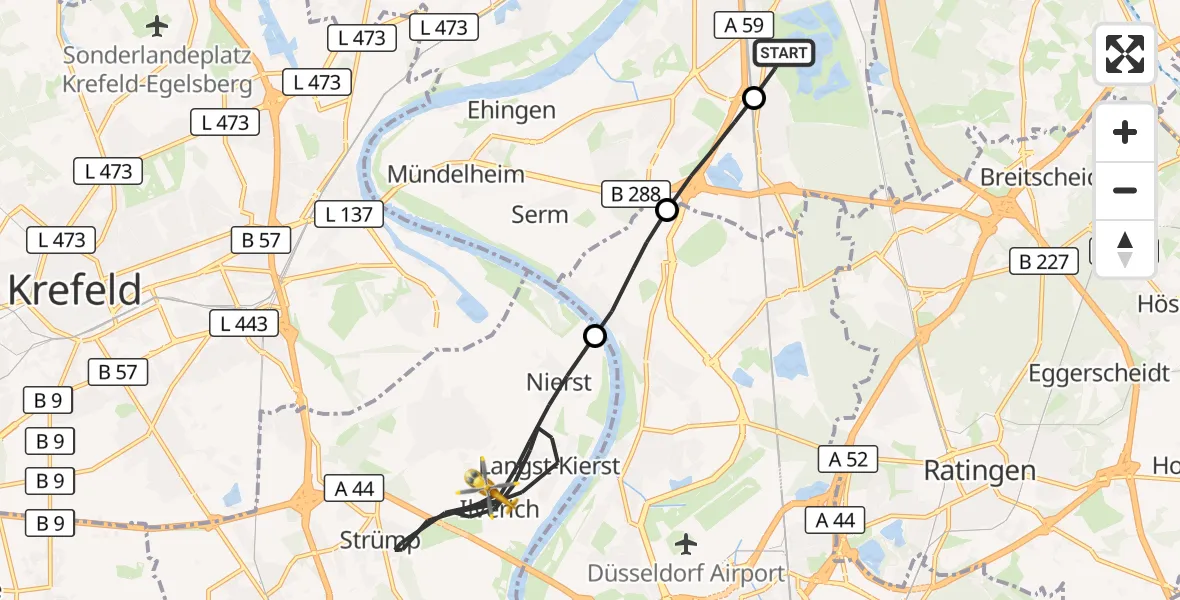 Flugroute Rettungshubschrauber Duisburg Air Rescue Hubschrauberlandeplatz (Christoph 9) - Meerbusch, 04 Juli 2026, 15:26