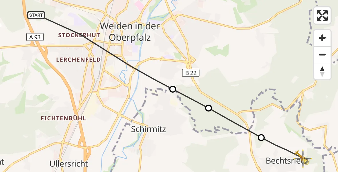 Flugroute Rettungshubschrauber Weiden i.d.OPf. - Bechtsrieth, 04 Juli 2026, 15:26