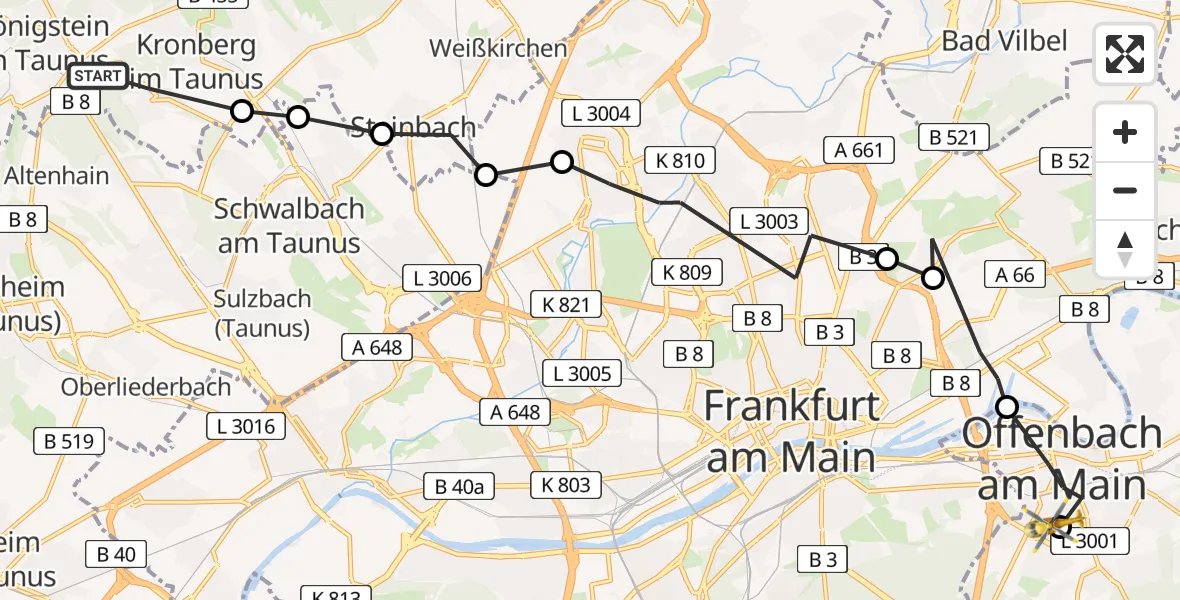 Flugroute Ambulanzhubschrauber Königstein im Taunus - Sana Hospital Offenbach, 04 Juli 2026, 15:27