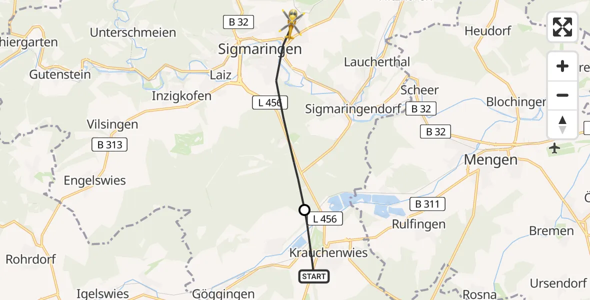 Flugroute Rettungshubschrauber Krauchenwies - Sigmaringen, 04 Juli 2026, 15:33