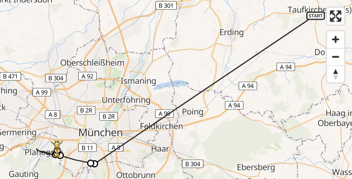 Flugroute Rettungshubschrauber Taufkirchen (Vils) - DRF Air Rescue München Hubschrauberlandeplatz, 04 Juli 2026, 15:35