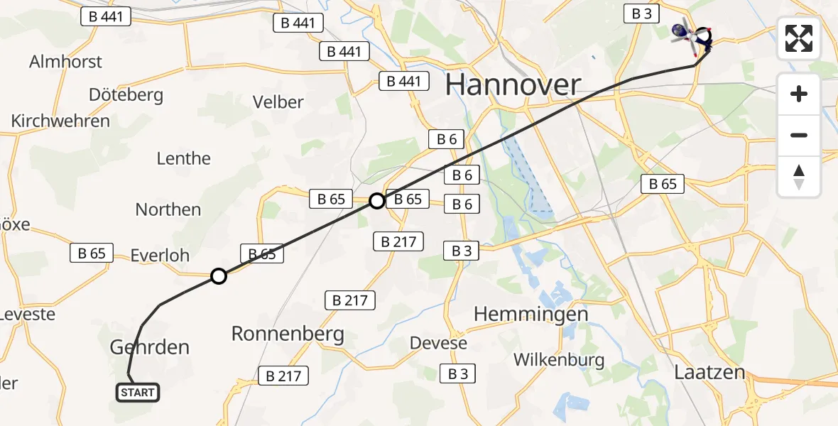 Flugroute Polizeihubschrauber Gehrden - Hannover Luftrettung Hubschrauberlandeplatz (Christoph 4), 04 Juli 2026, 15:37