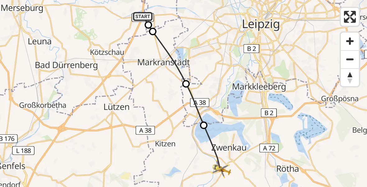 Flugroute Rettungshubschrauber ADAC Air Rescue Station Leipzig/Schkeuditz-Dölzig Hubschrauberlandeplatz (Christoph 61) - Zwenkau, 04 Juli 2026, 15:39