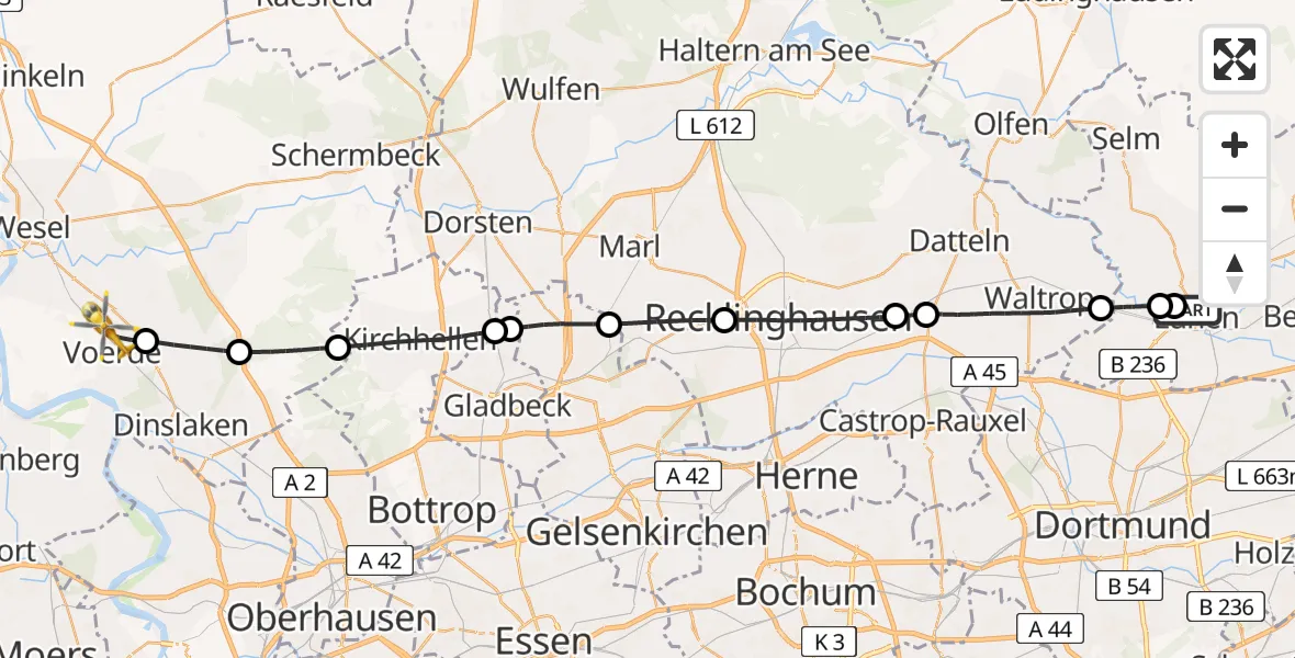 Flugroute Rettungshubschrauber Sankt Marien Hospital - Voerde (Niederrhein), 04 Juli 2026, 15:47
