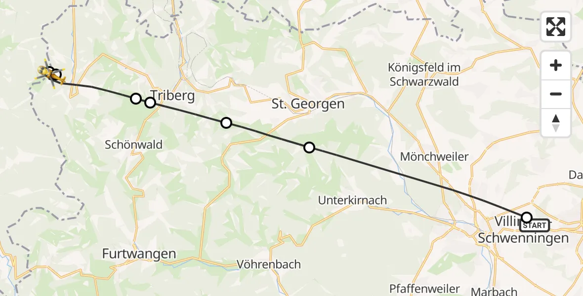 Flugroute Ambulanzhubschrauber DRF Air Rescue Station Villingen-Schwenningen Hubschrauberlandeplatz (Christoph 11) - Schonach im Schwarzwald, 04 Juli 2026, 15:47