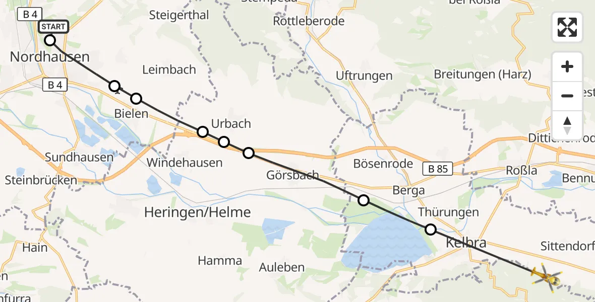 Flugroute Rettungshubschrauber Südharz Hospital Nordhausen - Kelbra (Kyffhäuser), 04 Juli 2026, 15:51